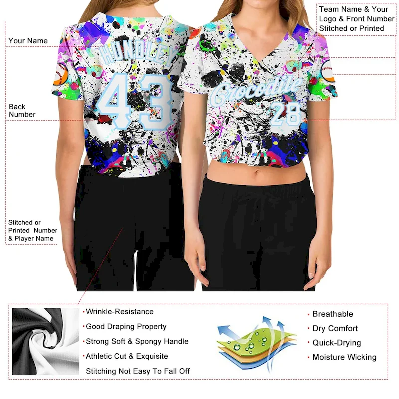 Custom Women's Graffiti Pattern White-Light Blue Splashes 3D V-Neck Cropped Baseball Jersey