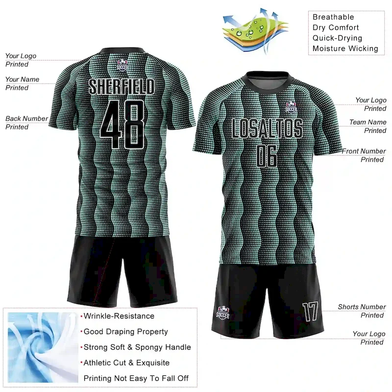 Custom Black Ice Blue-White Geometric Shape Sublimation Soccer Uniform Jersey