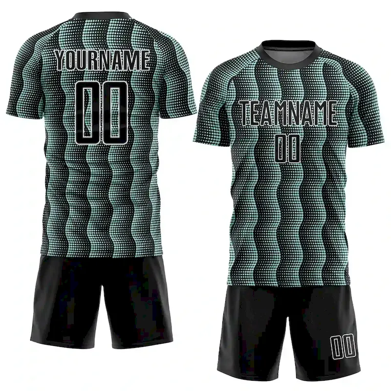 Custom Black Ice Blue-White Geometric Shape Sublimation Soccer Uniform Jersey