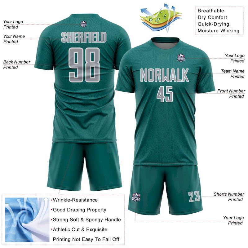 Sublimation Gray-White Geometric Uniform Jersey Custom Shape Soccer Sports Teal