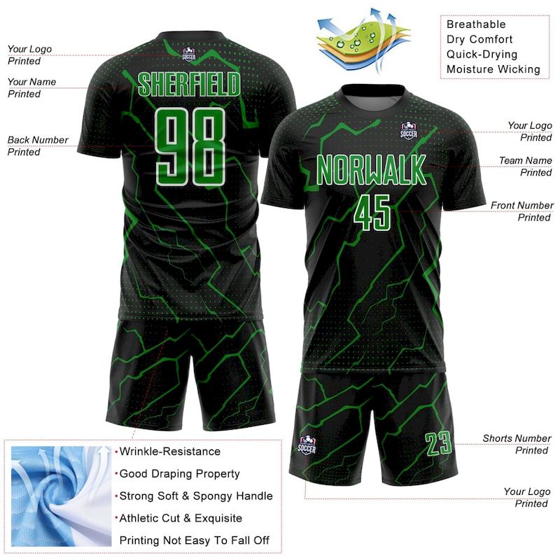 Sports Grass Green-White Sublimation Black Lightning Custom Uniform Soccer Jersey
