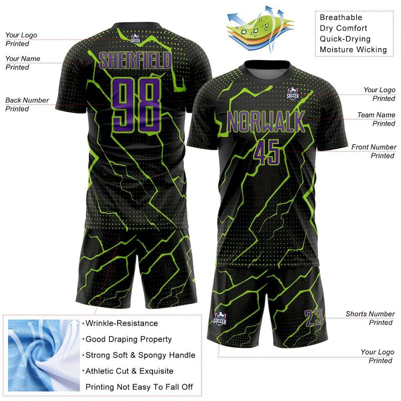 Purple-Neon Jersey Black Custom Uniform Green Sports Soccer Sublimation Lightning