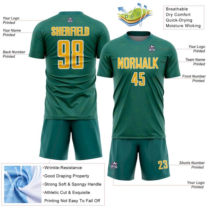 Jersey Teal Shape Custom Gold-White Geometric Soccer Sublimation Sports Uniform