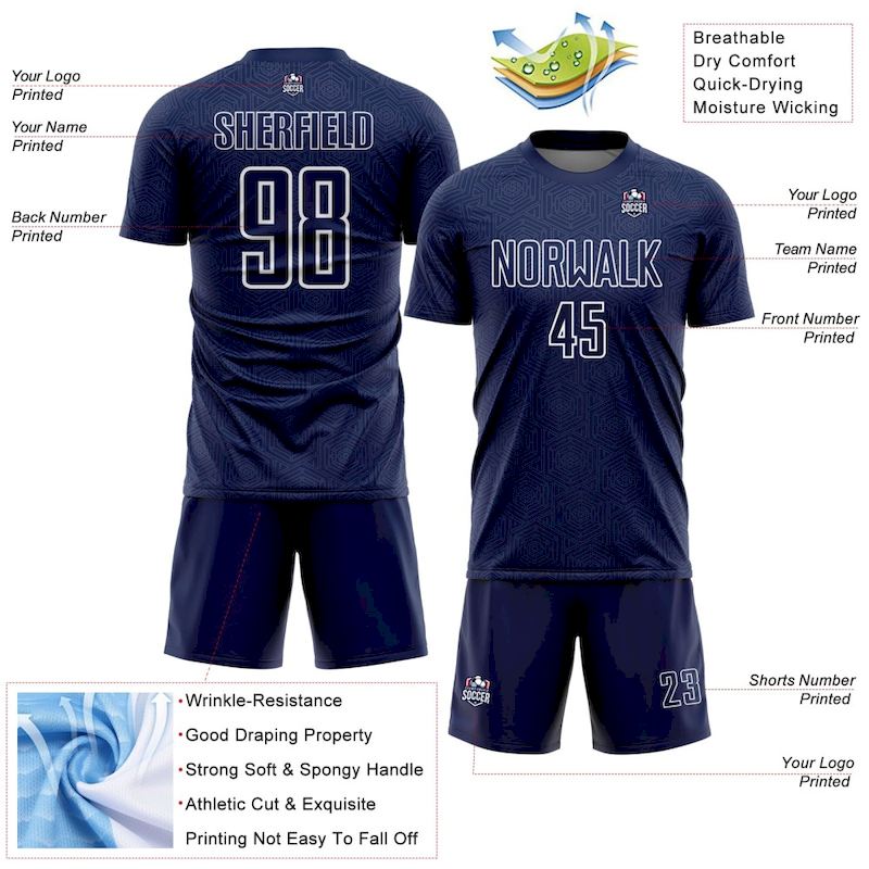 Custom Sports Navy Sublimation Geometric Jersey White Uniform Shape Soccer