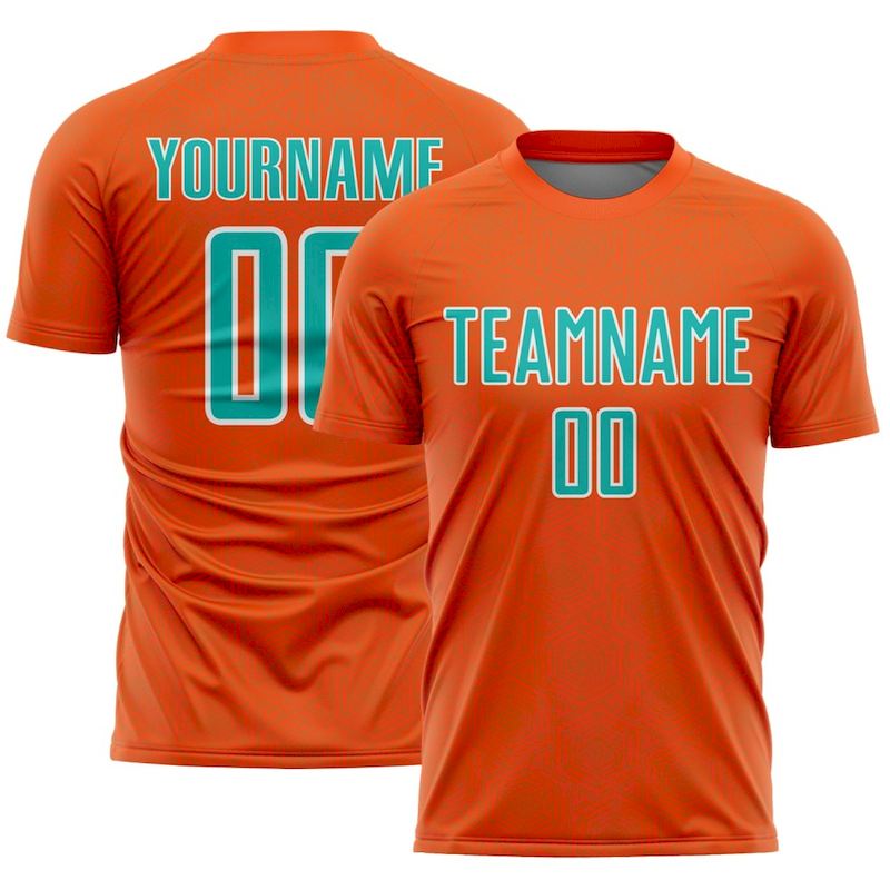 Custom Orange Uniform Sublimation Soccer Jersey Geometric Sports Shape Aqua-White