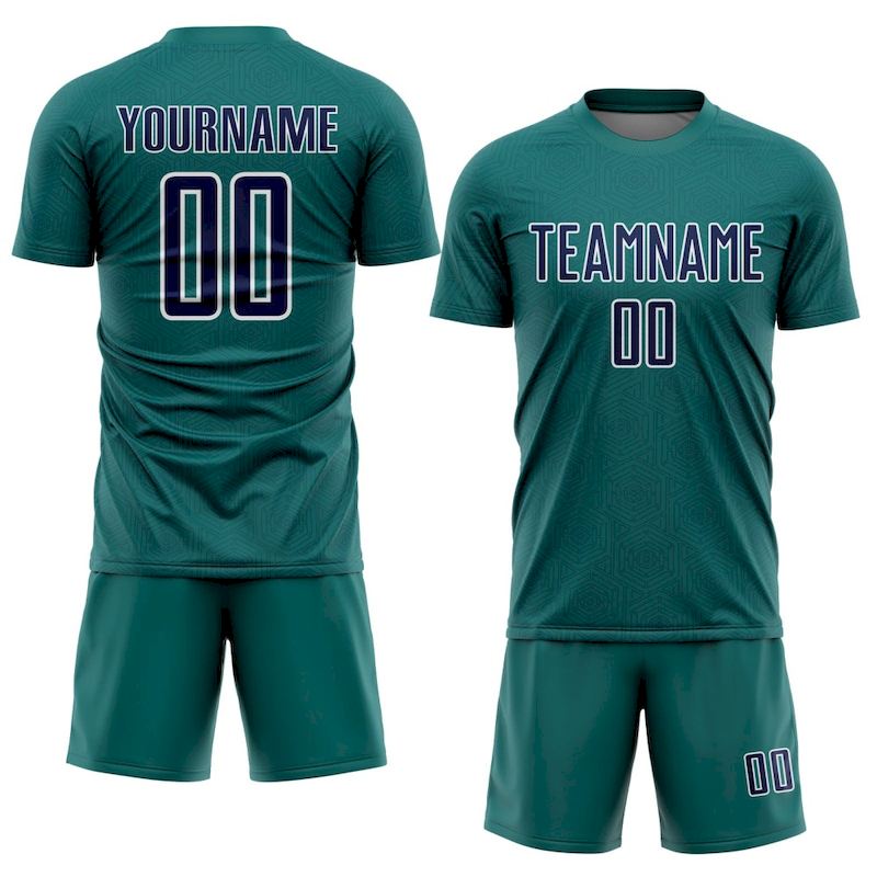 Custom Geometric Teal Jersey Navy-White Soccer Sports Shape Sublimation Uniform