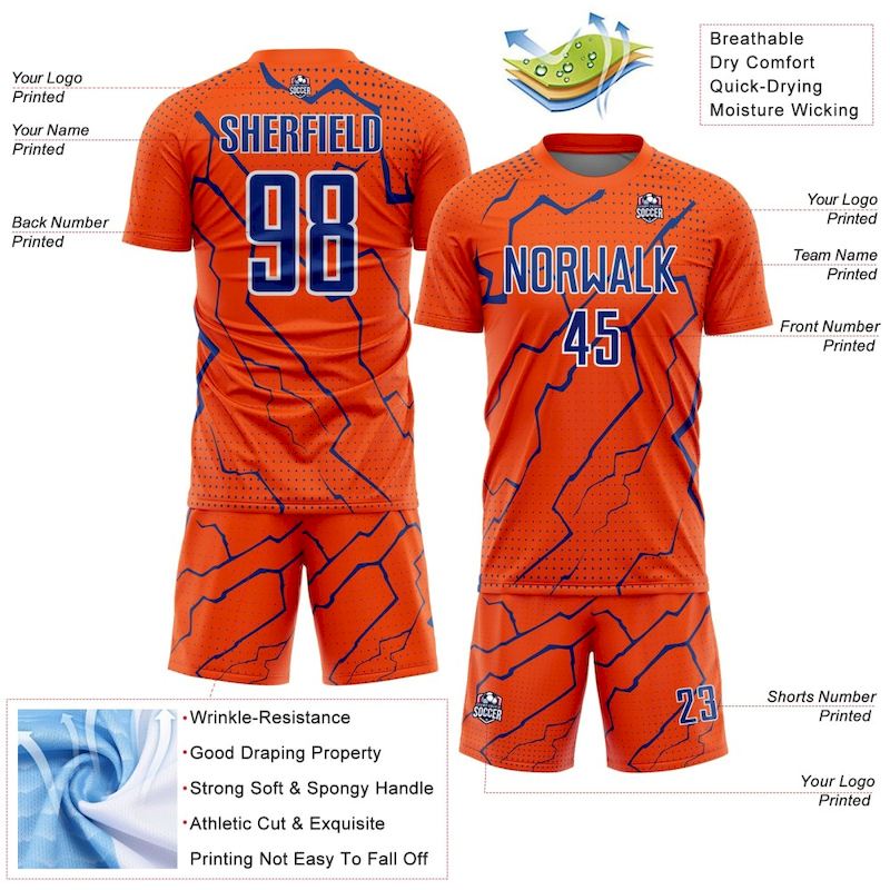 Uniform Royal-White Soccer Lightning Sports Sublimation Orange Custom Jersey