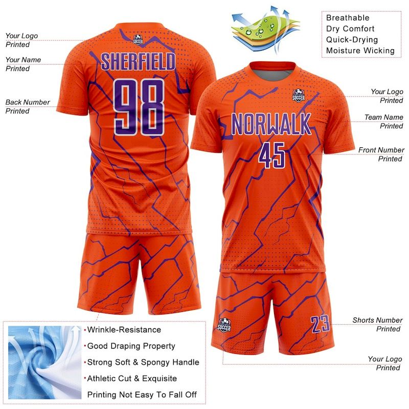 Sports Custom Sublimation Soccer Uniform Lightning Jersey Orange Purple-White