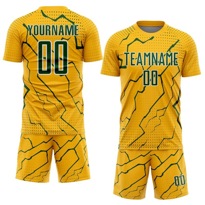 Custom Sublimation Green-White Sports Soccer Gold Lightning Uniform Jersey