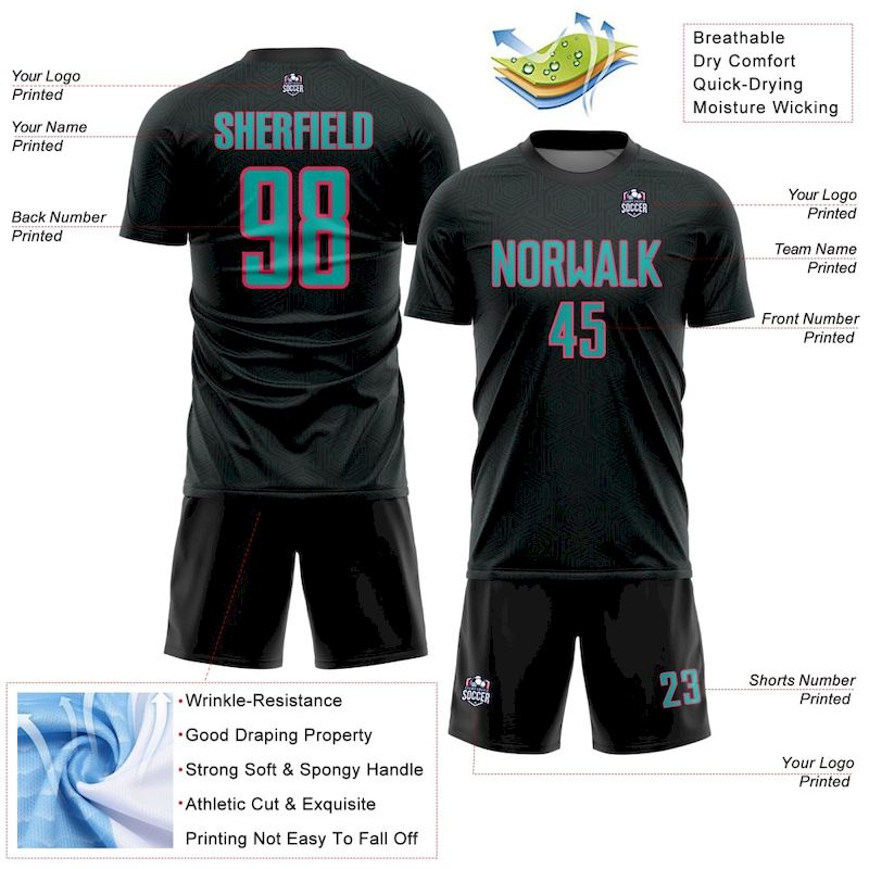 Sublimation Sports Geometric Soccer Jersey Uniform Black Shape Pink Custom Aqua-Neon