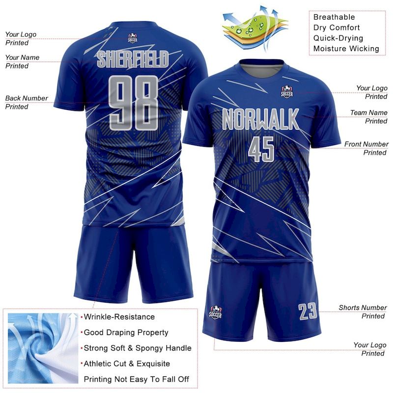 Soccer Uniform Lines Sublimation Sports Gray-White Custom Jersey Royal