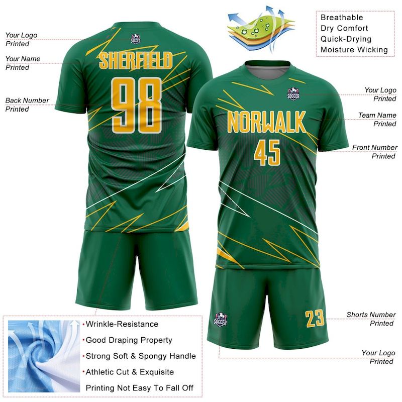 Soccer Sports Green Lines Custom Uniform Kelly Gold-White Sublimation Jersey