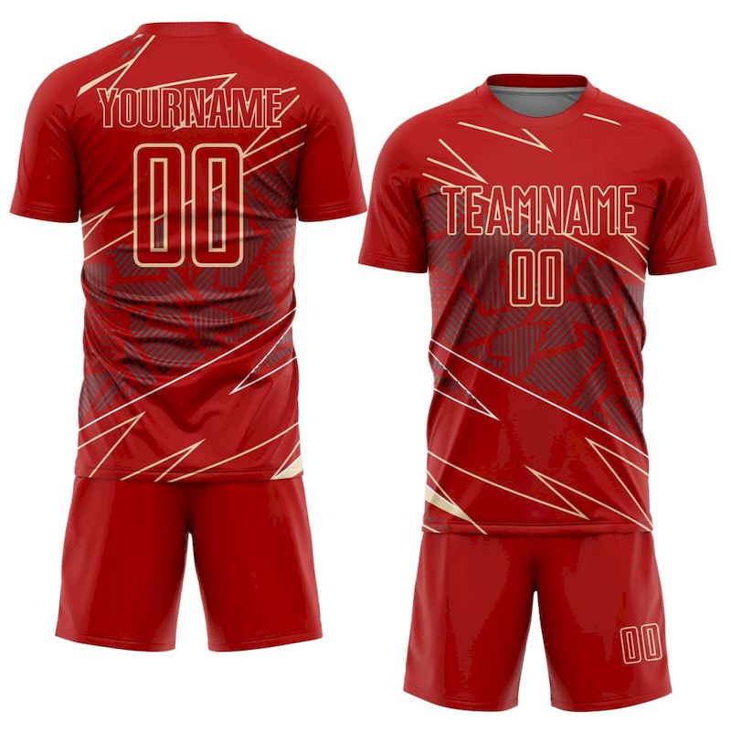Cream Jersey Soccer Sports Red Sublimation Uniform Lines Custom