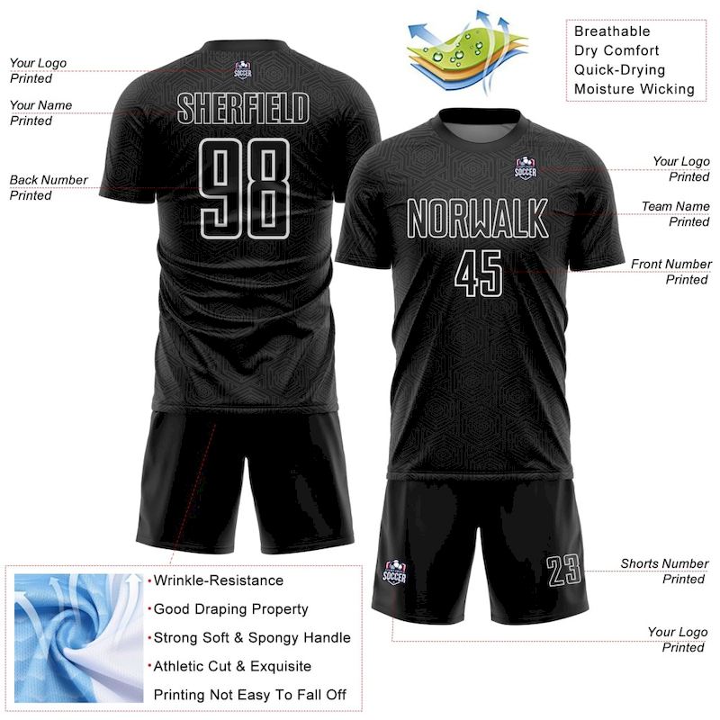 White Sports Jersey Uniform Sublimation Soccer Shape Custom Geometric Black