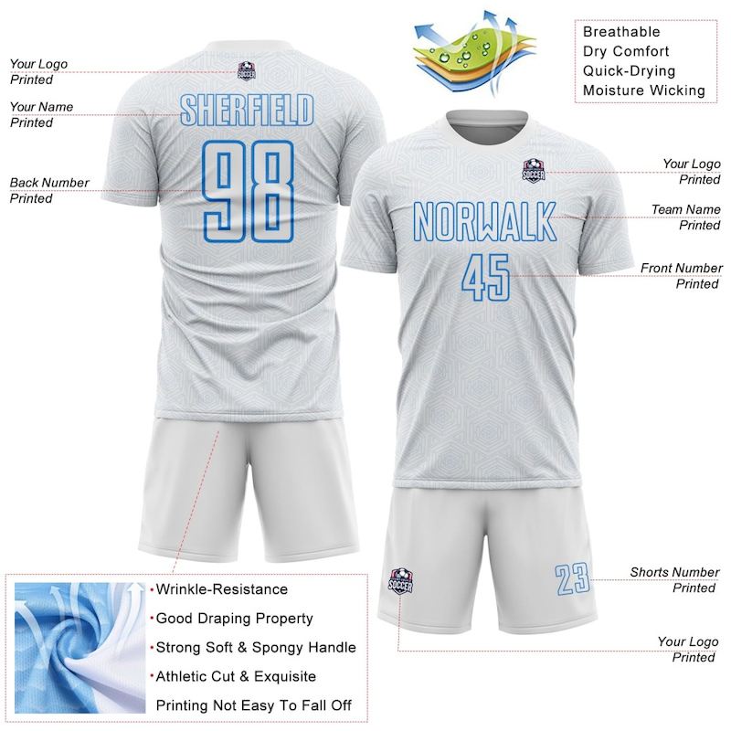 Soccer Jersey Shape Sublimation White Custom Sports Blue Geometric Uniform Powder