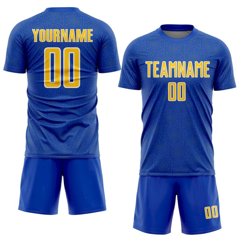 Soccer Jersey Geometric Uniform Shape Sublimation Sports Blue Thunder Yellow-White Custom