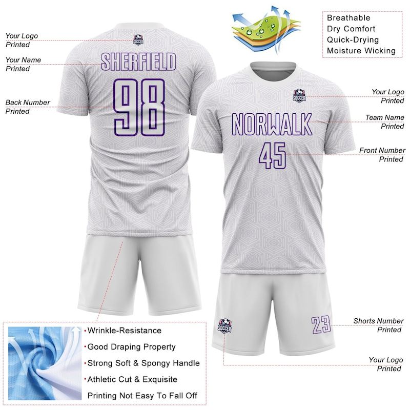 Geometric Shape Uniform Sports Custom White Purple Sublimation Soccer Jersey